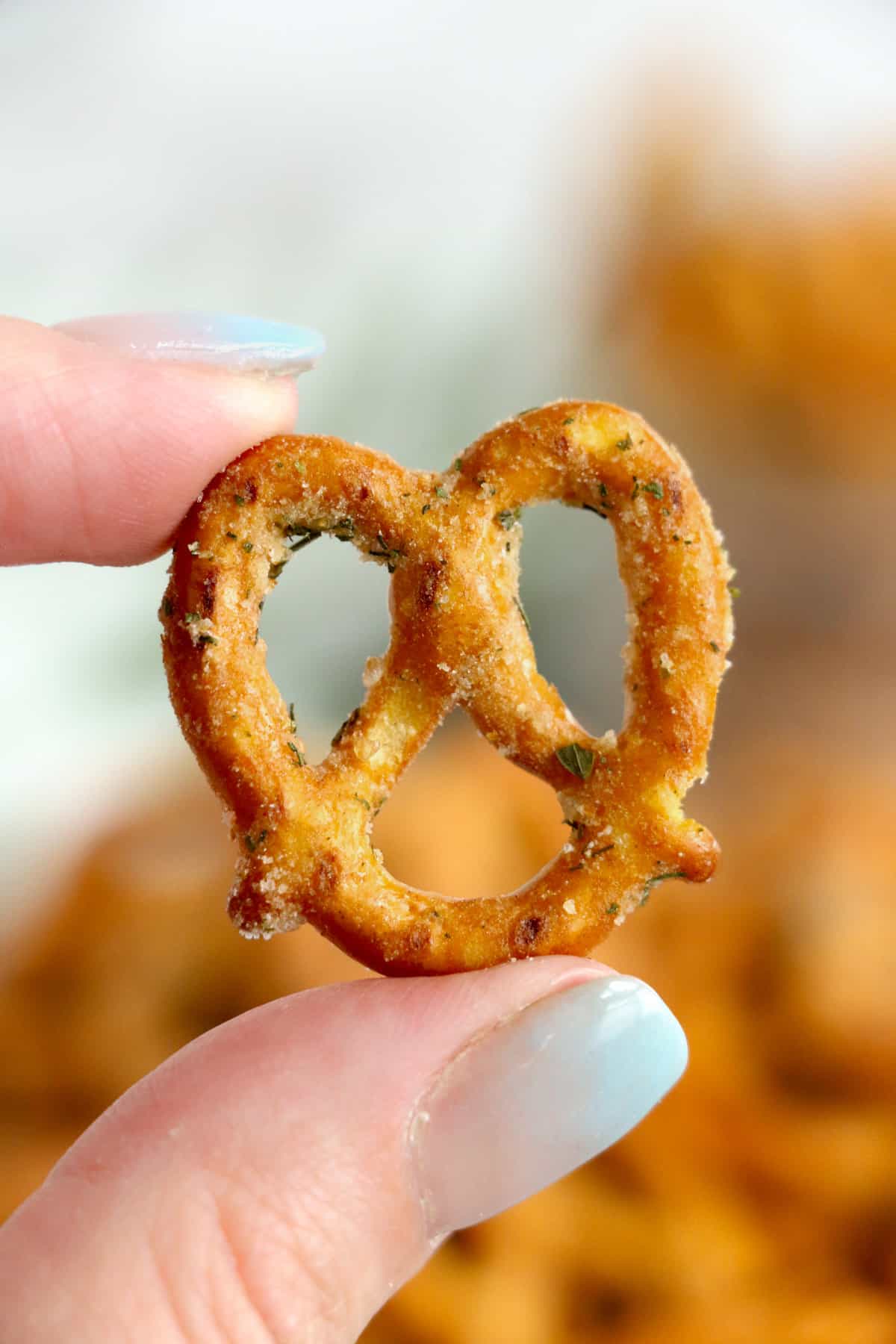 Hand holding a homemade seasoned pretzel.