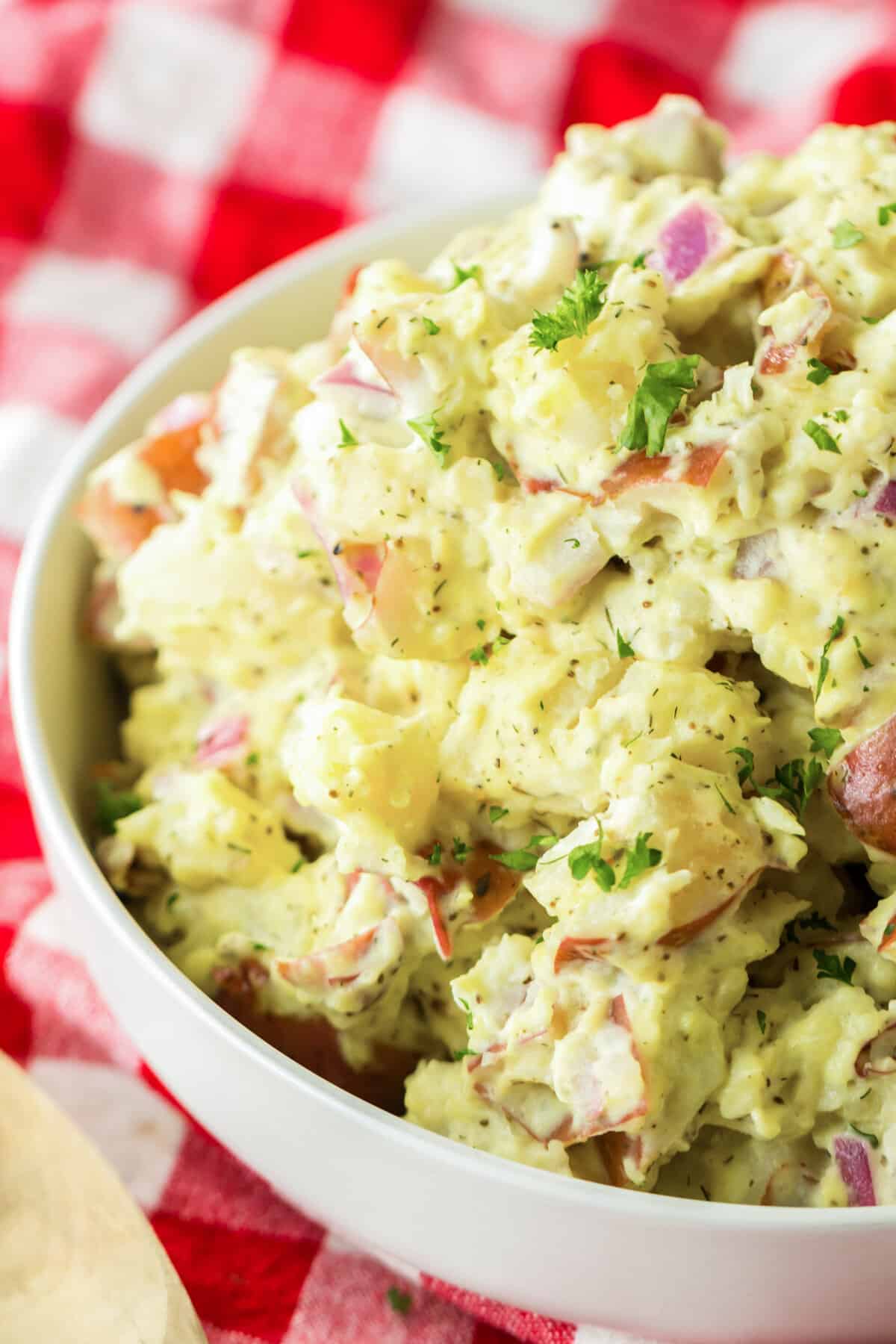 Creamy red skin potato served in a white bowl.