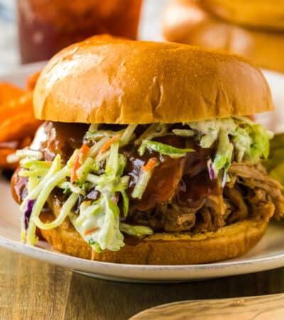 Root beer pulled pork sandwich with coleslaw.