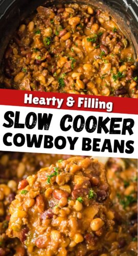 Hearty and filling Slow Cooker Cowboy Beans.