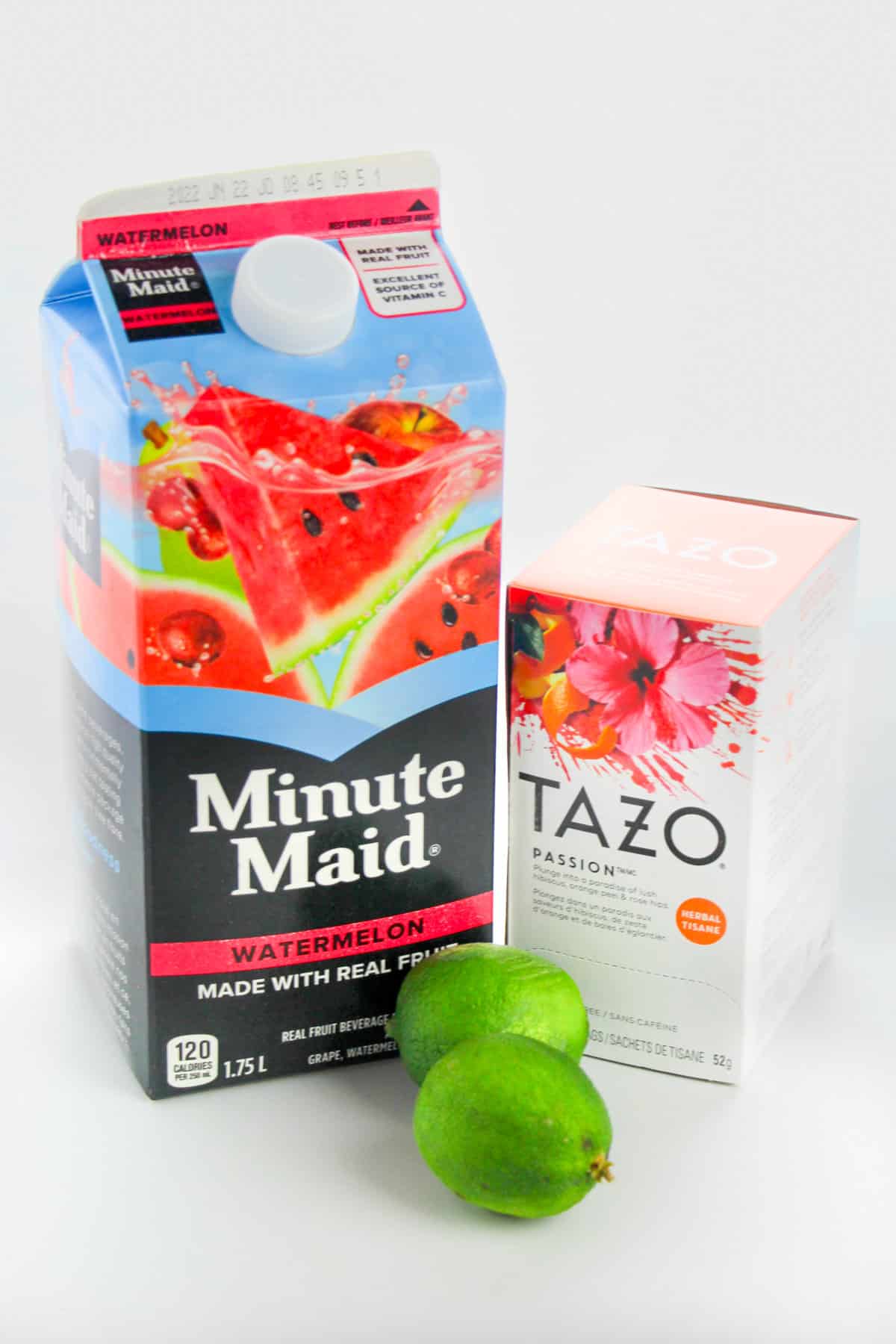 Minute Maid Watermelon Jucie, Tazo Passion herbal tea, and two limes.