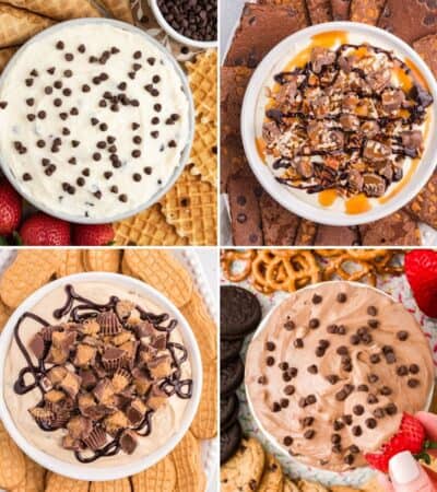 Four image collage of dessert dips showing cannoli dip, reese's cheesecake dip, turtle dip, and brownie batter dip.