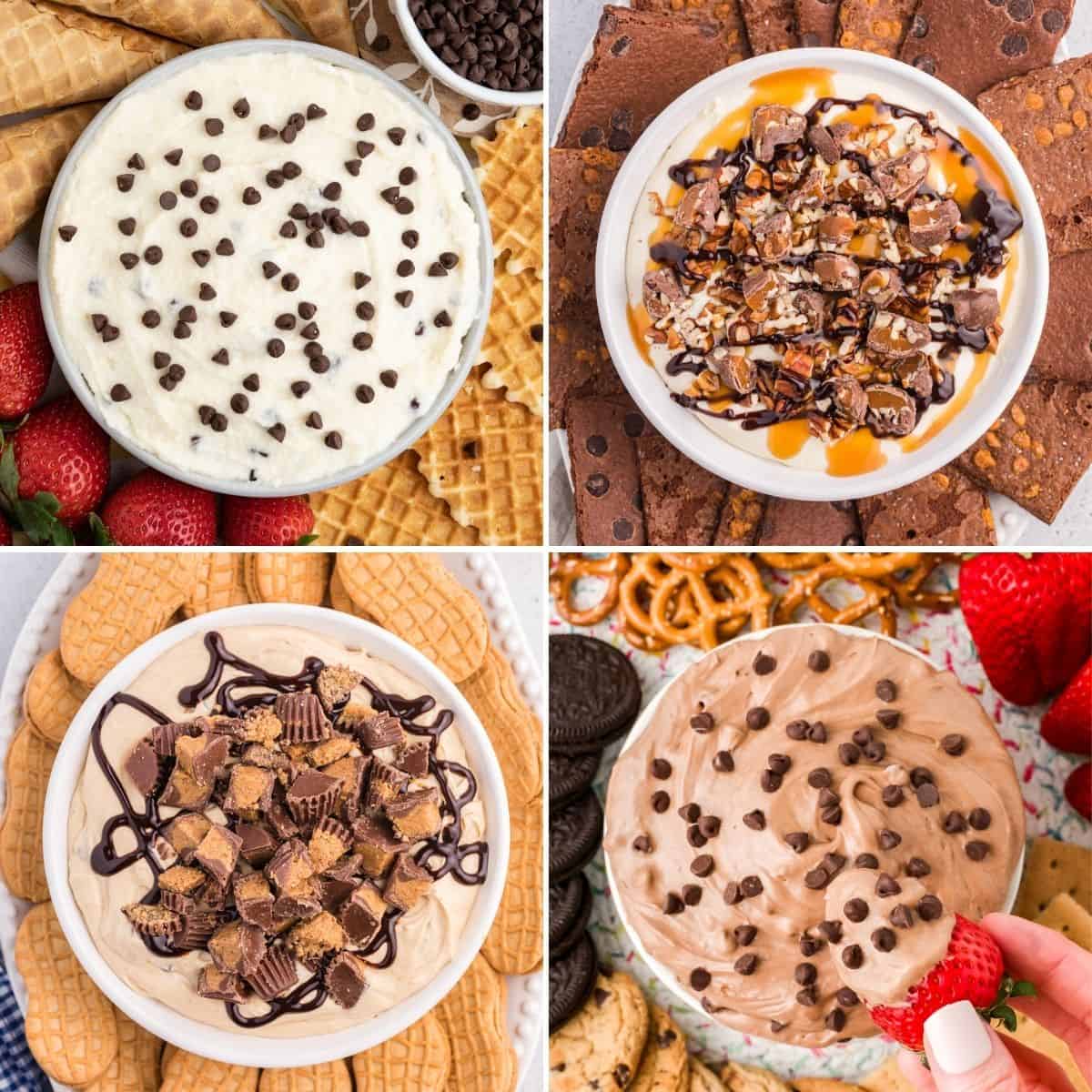 Four image collage of dessert dips showing cannoli dip, reese's cheesecake dip, turtle dip, and brownie batter dip.