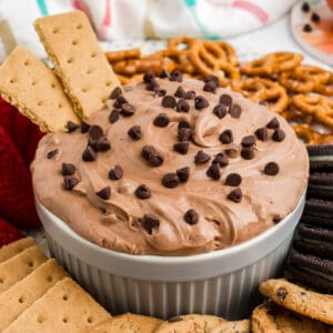 Brownie batter dip with graham crackers, pretzels, and cookies for dipping.