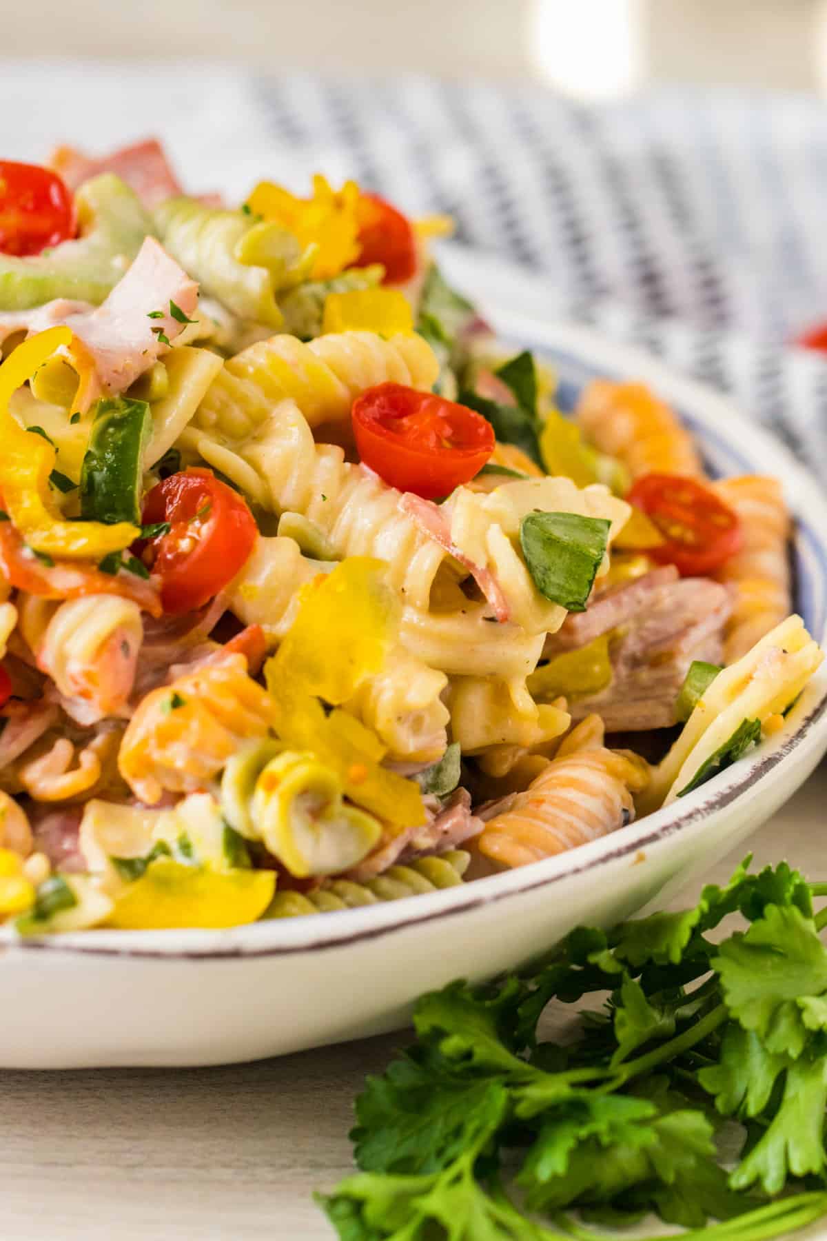 Pasta salad with Italian hoagie ingredients served in a large bowl.
