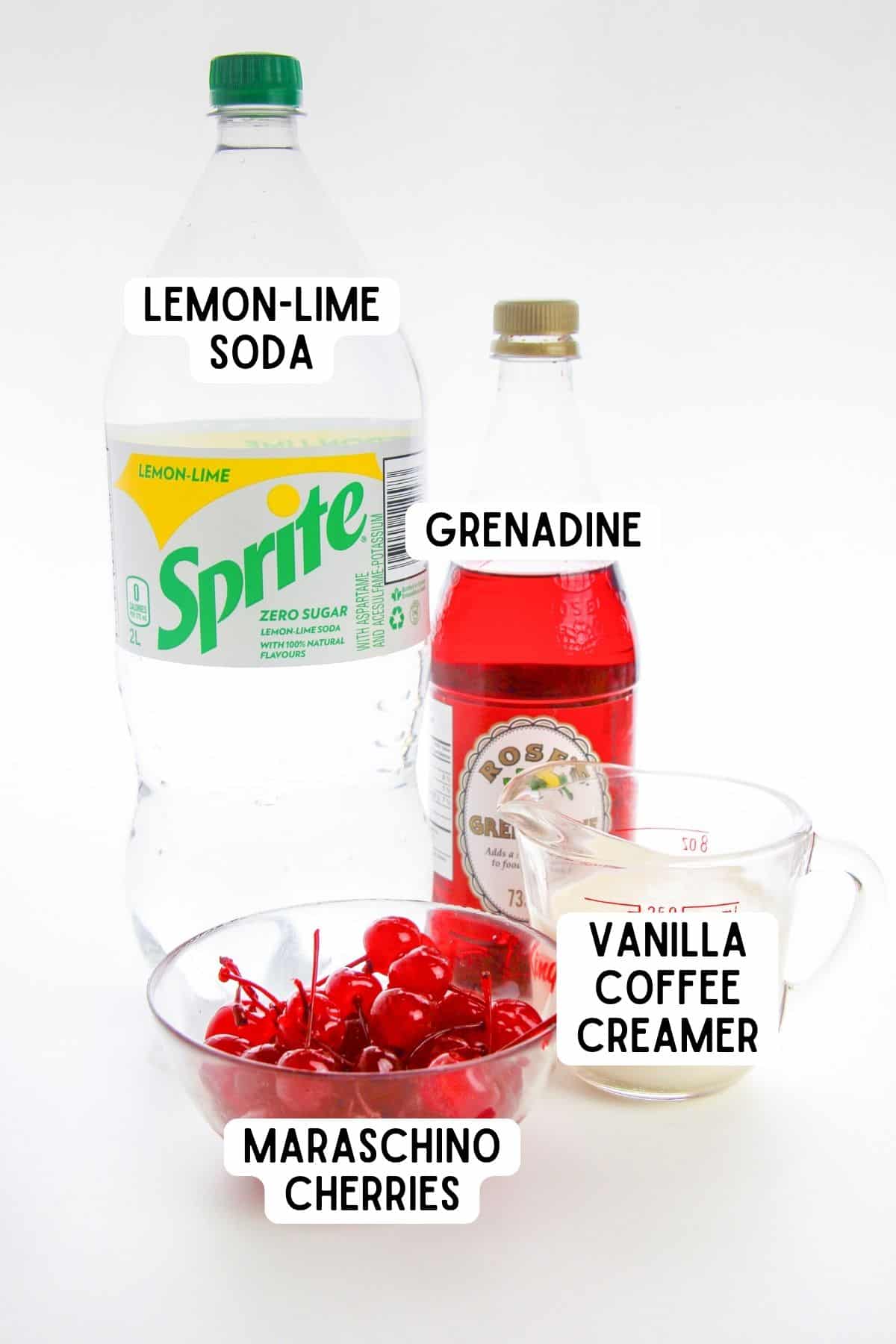 Sprite, grenadine, vanilla coffee creamer, and maraschino cherries.