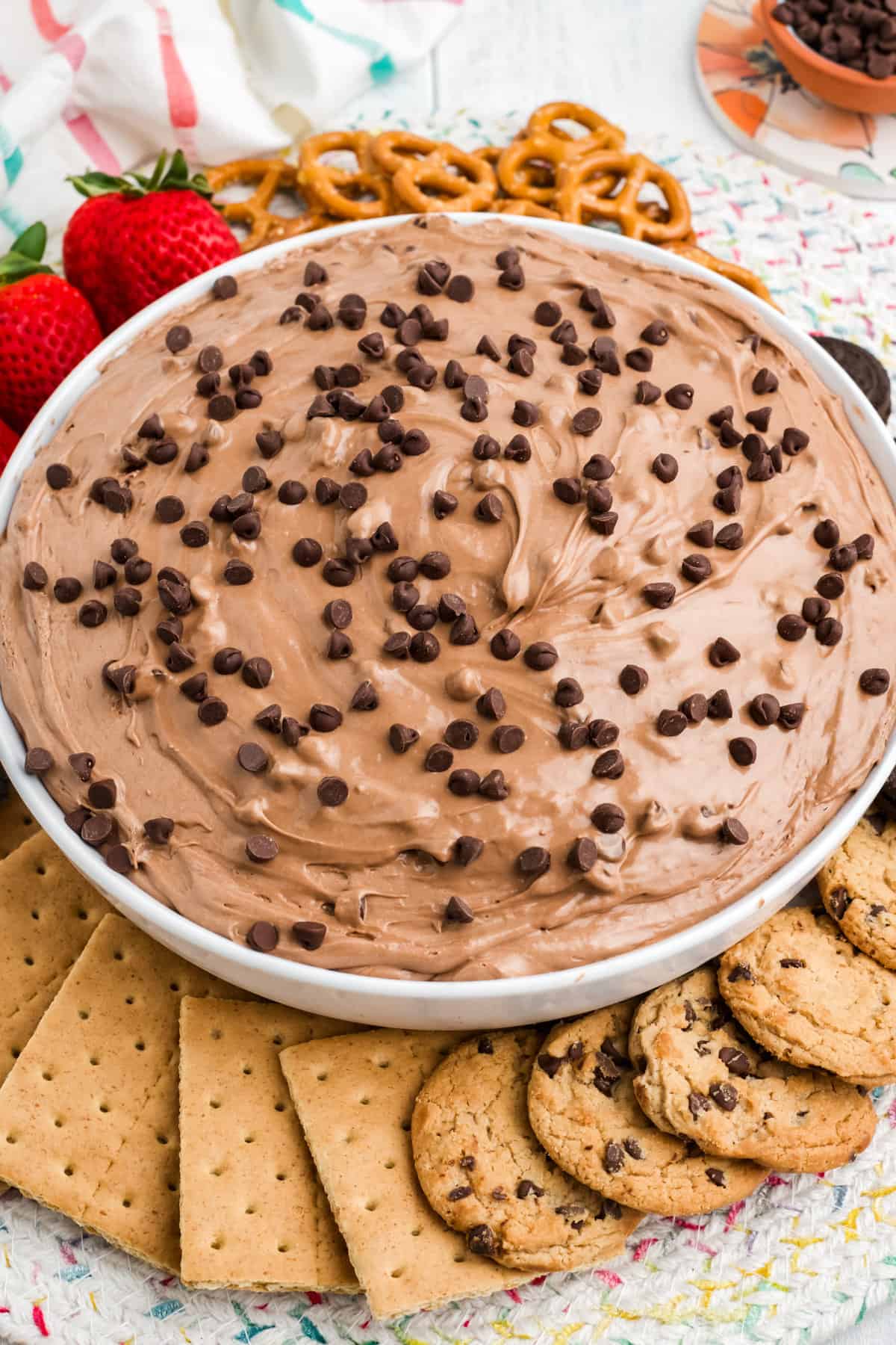Creamy brownie dip served with a variety of dippers.
