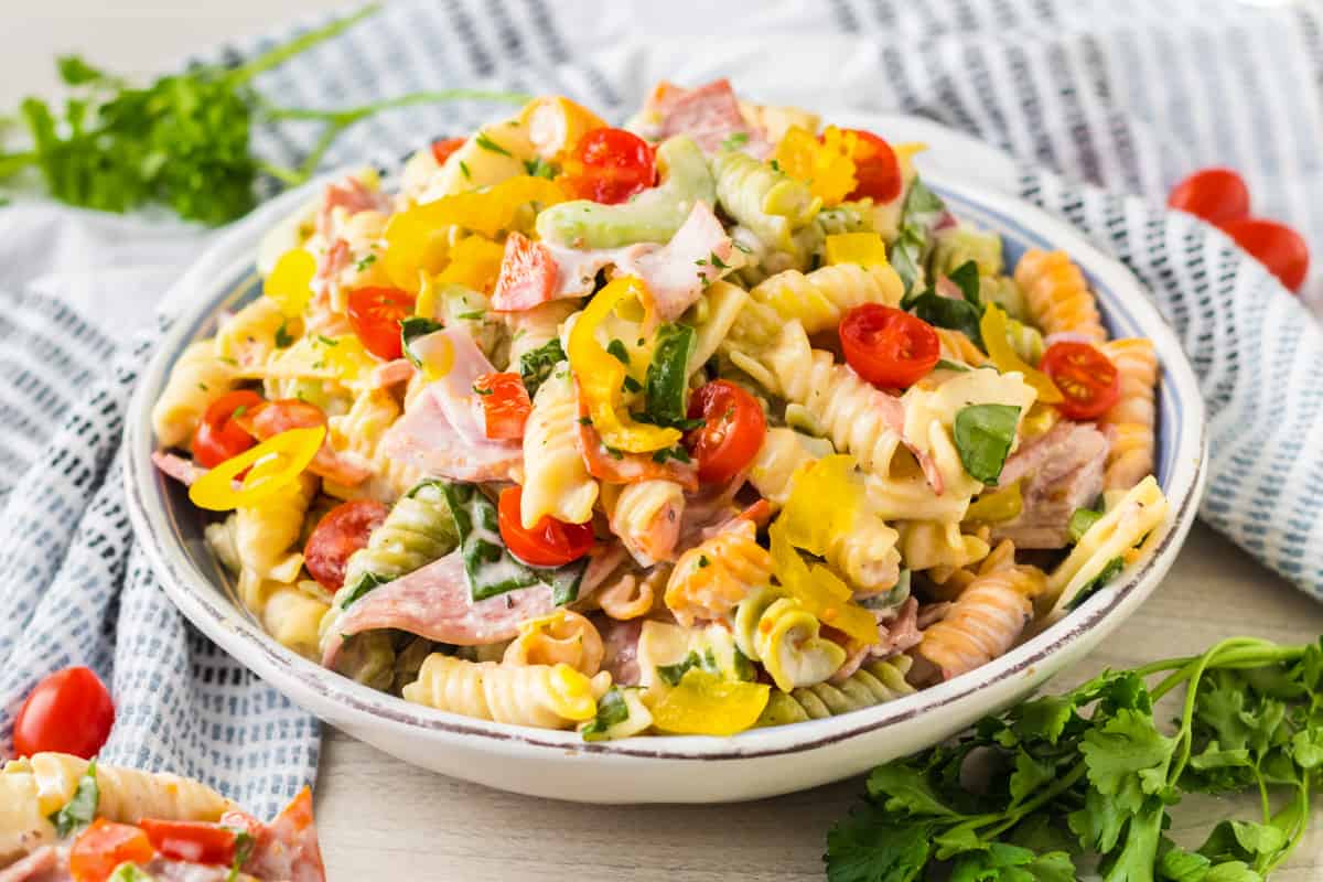 Italian sub pasta salad with ham, salami, and provolone.