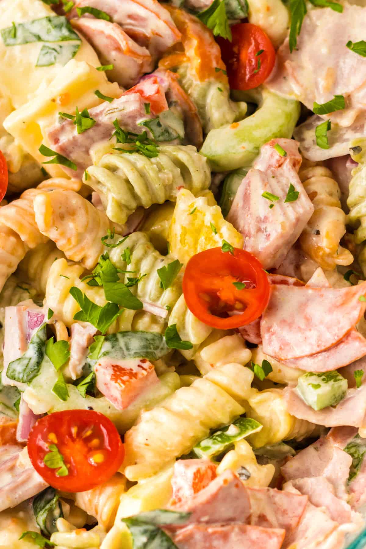 Italian hoagie pasta salad with cold cuts, veggies, and rotini pasta.
