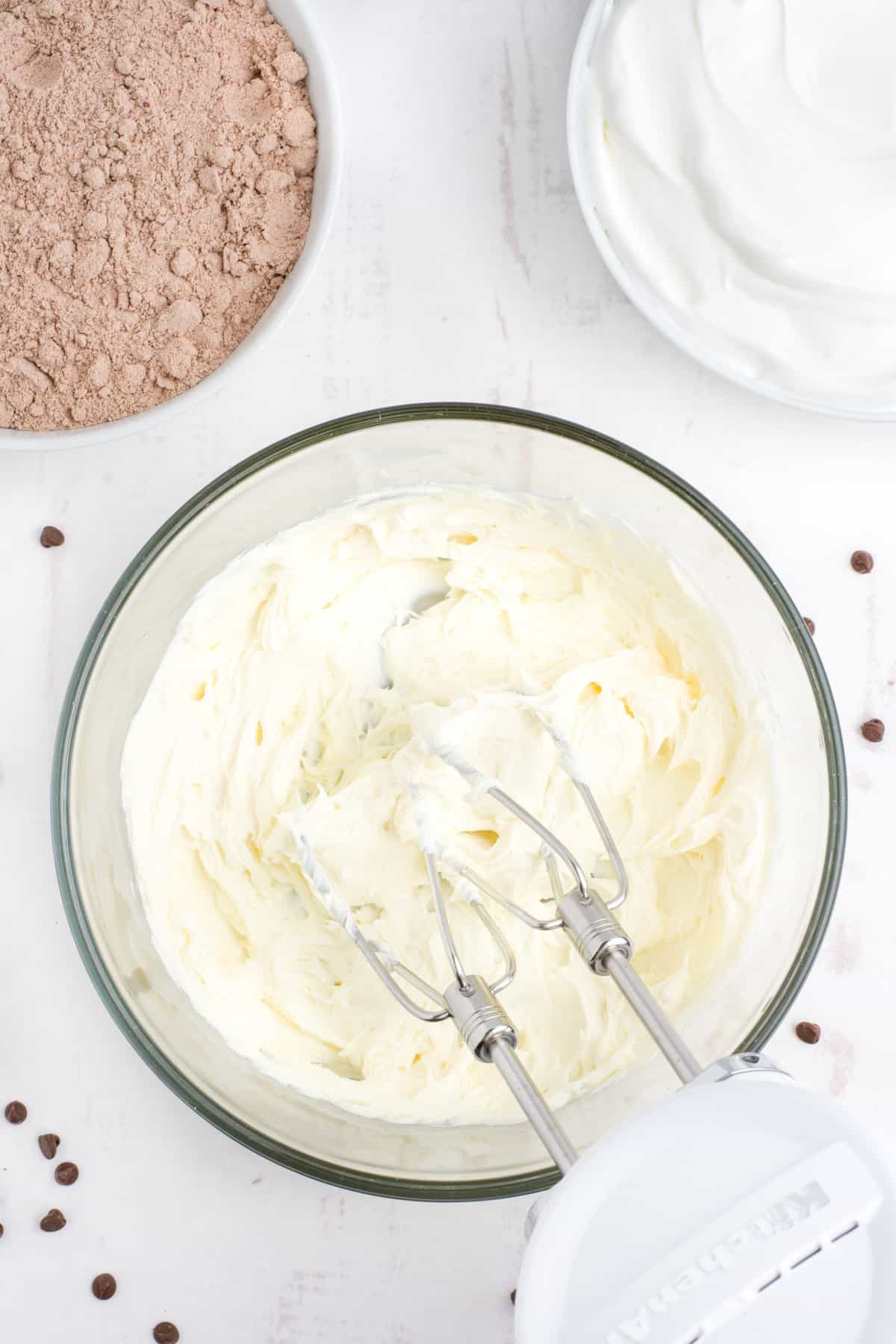 Cream cheese beaten until smooth and creamy with a hand mixer.
