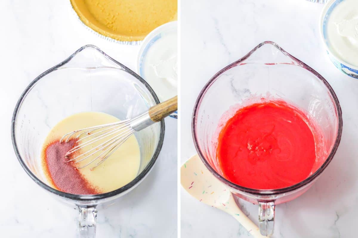 Two image collage of mixing bowl with sweetened condensed milk and kool aid mix.