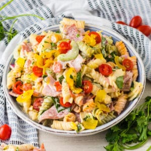 Italian sub pasta salad in a bowl.