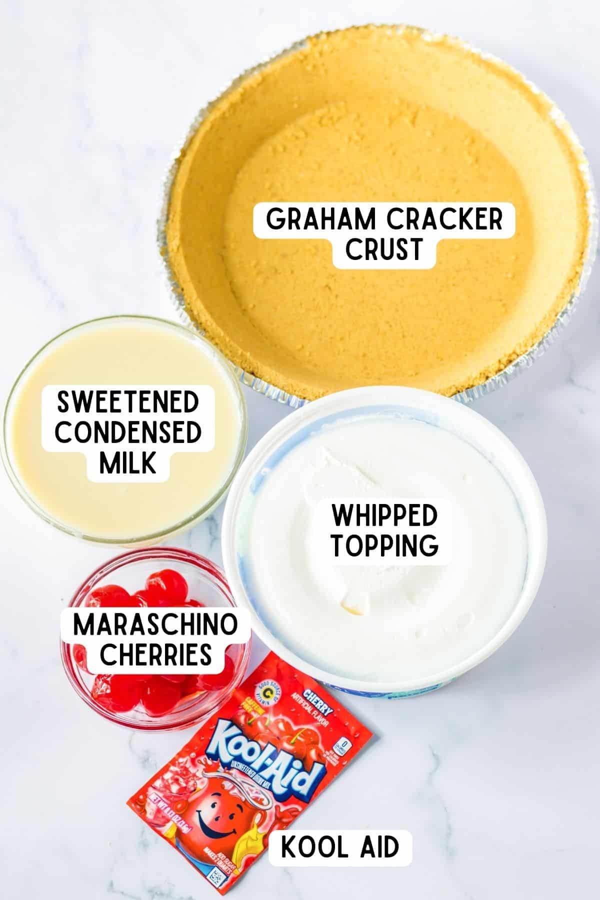 Graham cracker pie crust, sweetened condensed milk, whipped topping, maraschino cherries and packet of kool aid.