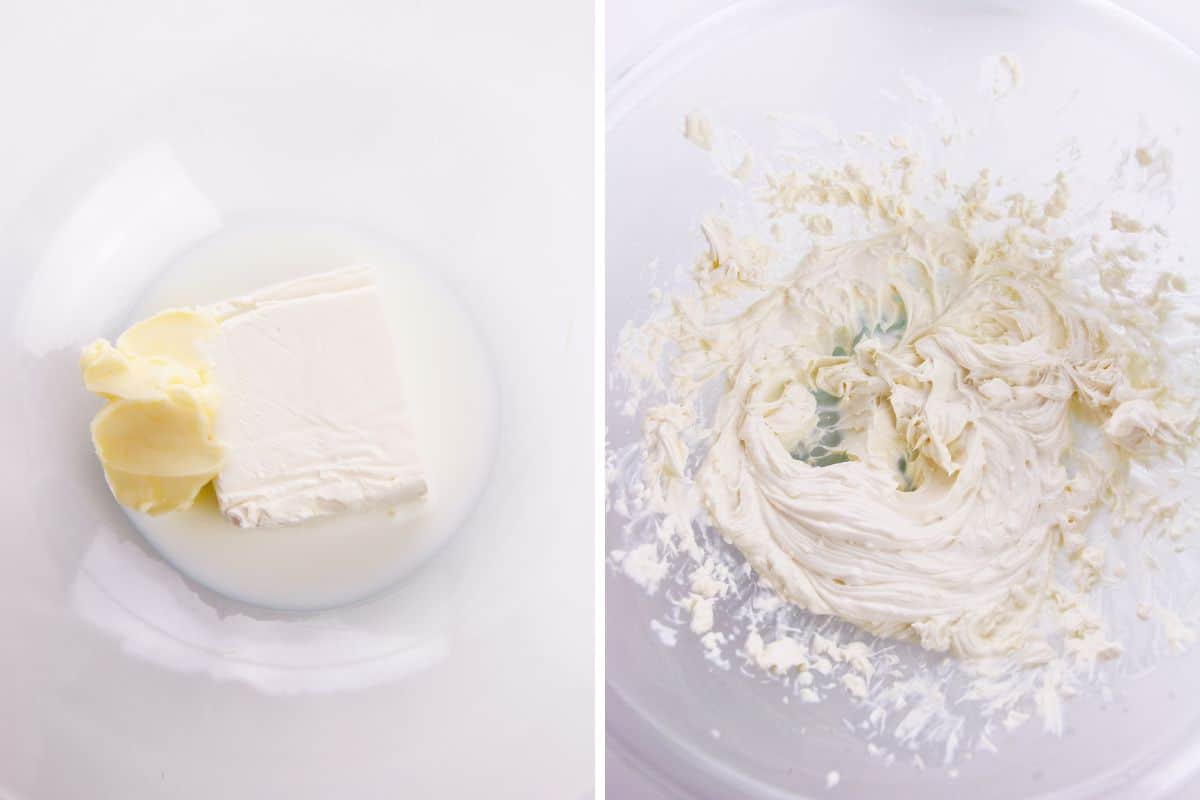 Two image collage of butter and cream cheese before and after being mixed together.