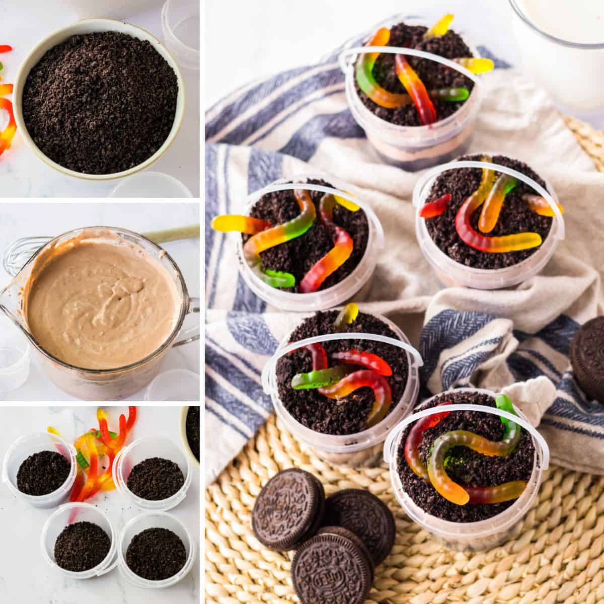 Four image collage of in process recipe images: chocolate cookie crumbs, chocolate pudding mixture, oreo crumbs in base of cups, and finished cups with cookie "dirt" and gummy worms on top.