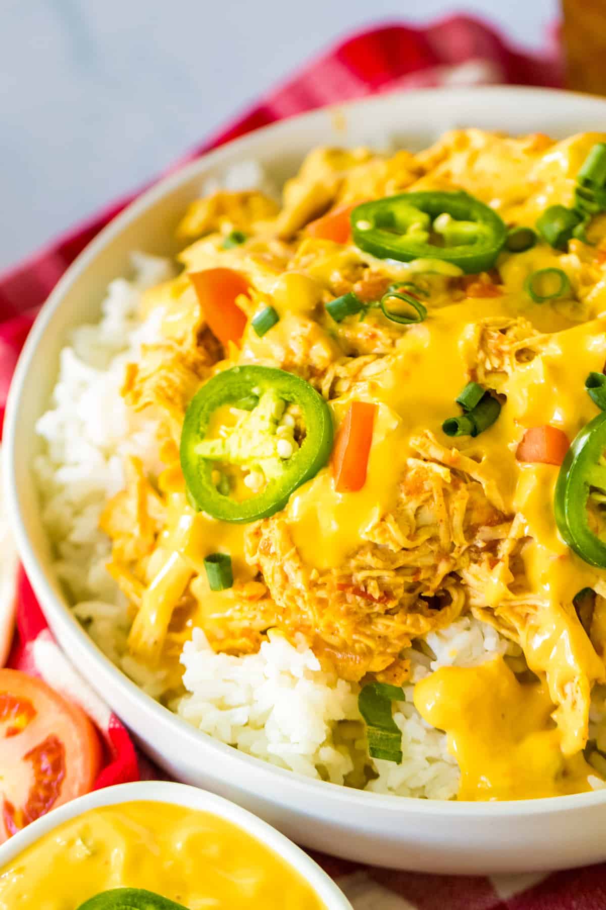 Bowl of 4-ingredient slow cooker queso chicken served on top of white rice with green onions and sliced jalapenos. 