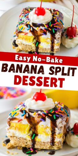 Easy no-bake banana split dessert pin.