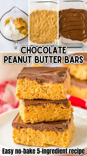 Chocolate peanut butter bars - easy no-bake ingredient recipe.