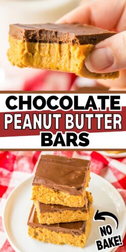 Chocolate Peanut Butter Bars: no-bake - pin image.