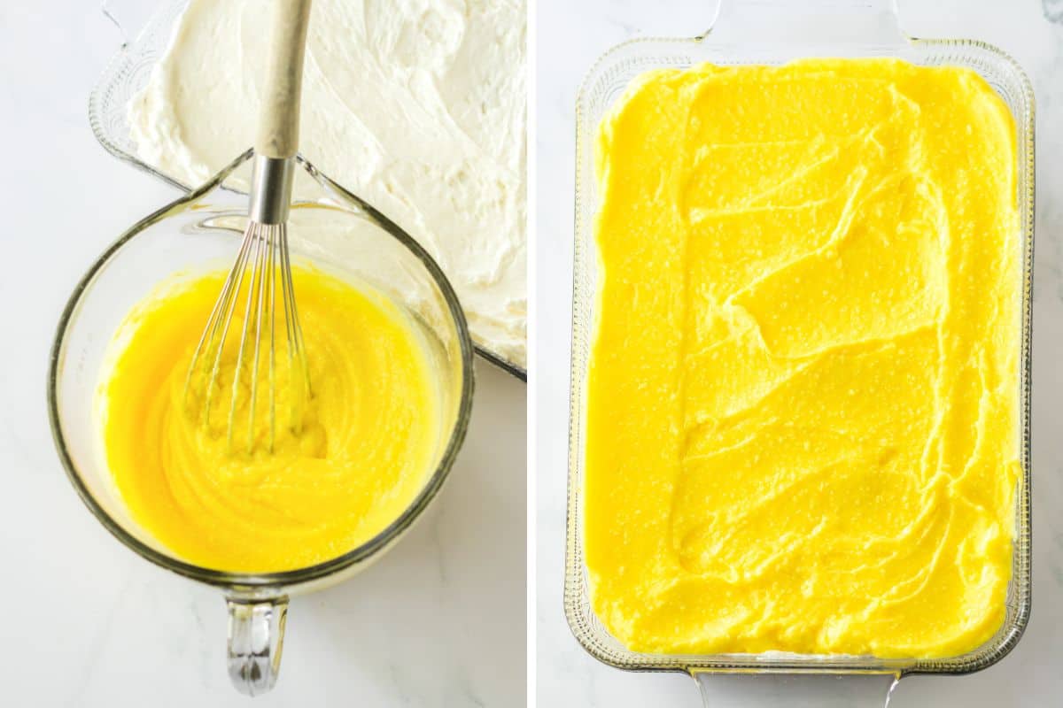 Banana pudding in mixing bowl with wire whisk and the pudding added to an even layer in the baking pan.