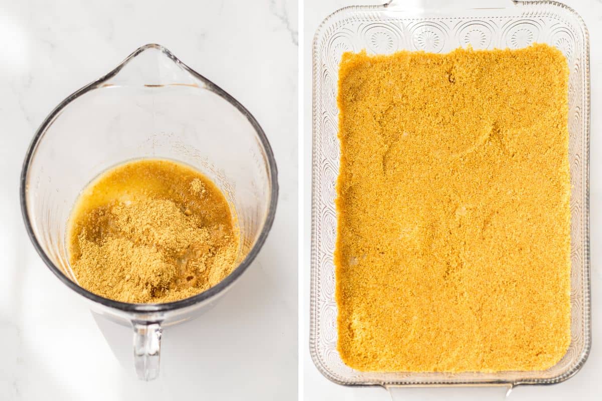 Two image collage of graham cracker crumbs and melted butter being mixed in a bowl and then pressed into bottom of 9 x 13 baking dish.