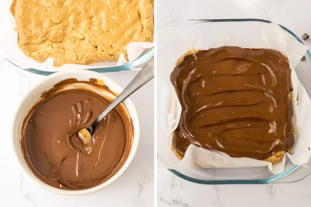 Bowl of melted chocolate with spoon in it and the melted chocolate spread into an even layer on top of the peanut butter bars in the lined 8-inch pan.