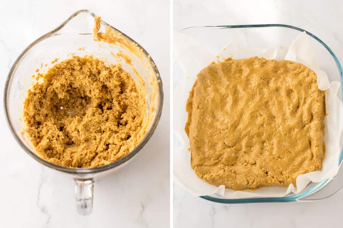 Peanut butter mixture with a wet sand texture in a glass mixing bowl and then the same mixture pressed evenly into a square pan lined with parchment paper.