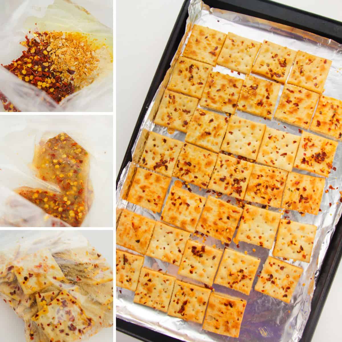 Four image collage of steps to make fire crackers including: adding oil and seasonings to bag, ingredients mixed together in bag, crackers coated in seasonings in bag, and seasoned crackers on foil-lined baking sheet.
