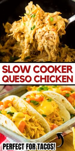 Slow Cooker Queso Chicken - Perfect for Tacos! Pin.