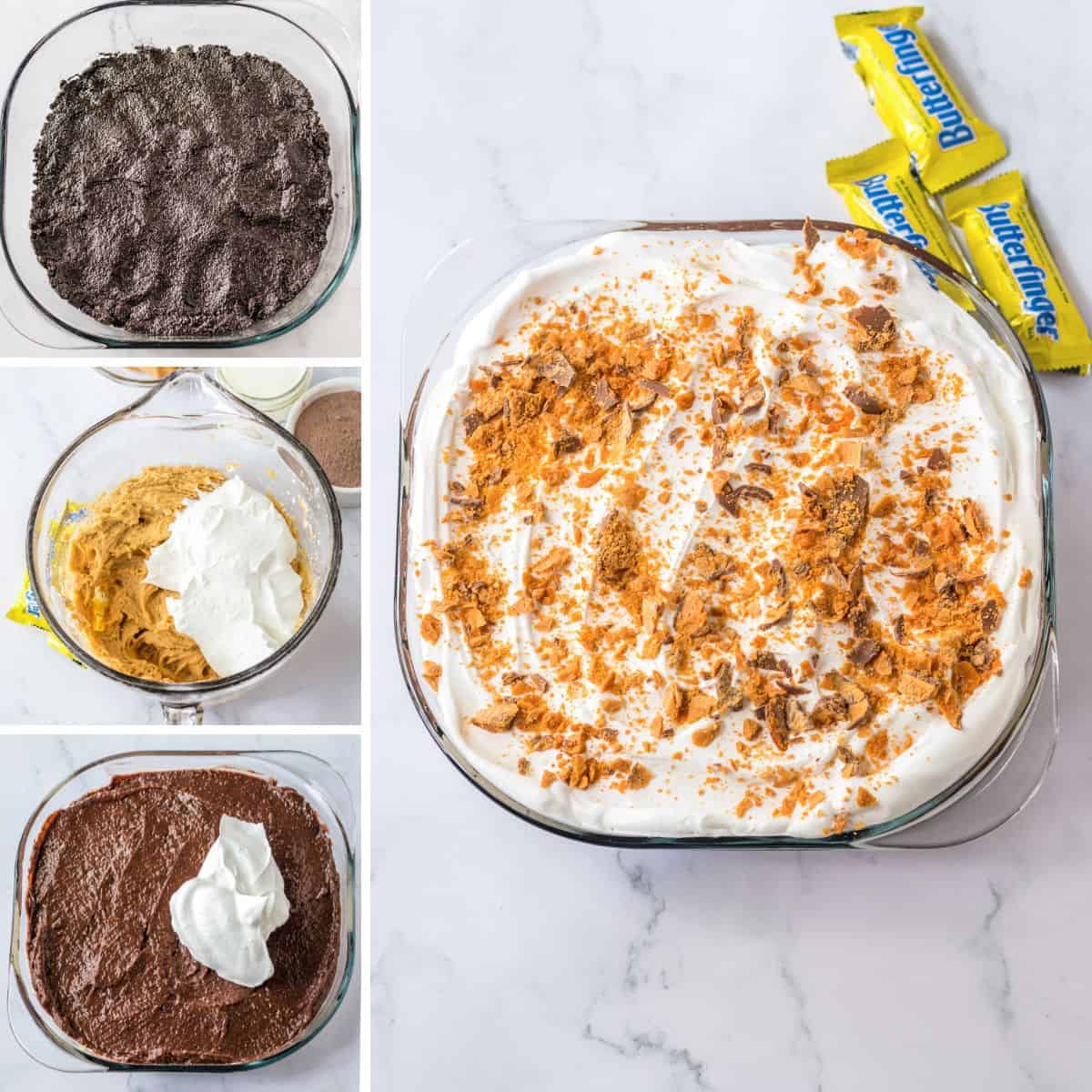 Four image collage of steps to make lush: oreo cookie crust, peanut butter cream cheese layer, chocolate pudding layer, and finished dessert in a square baking dish topped with cool whip and crushed butterfingers.