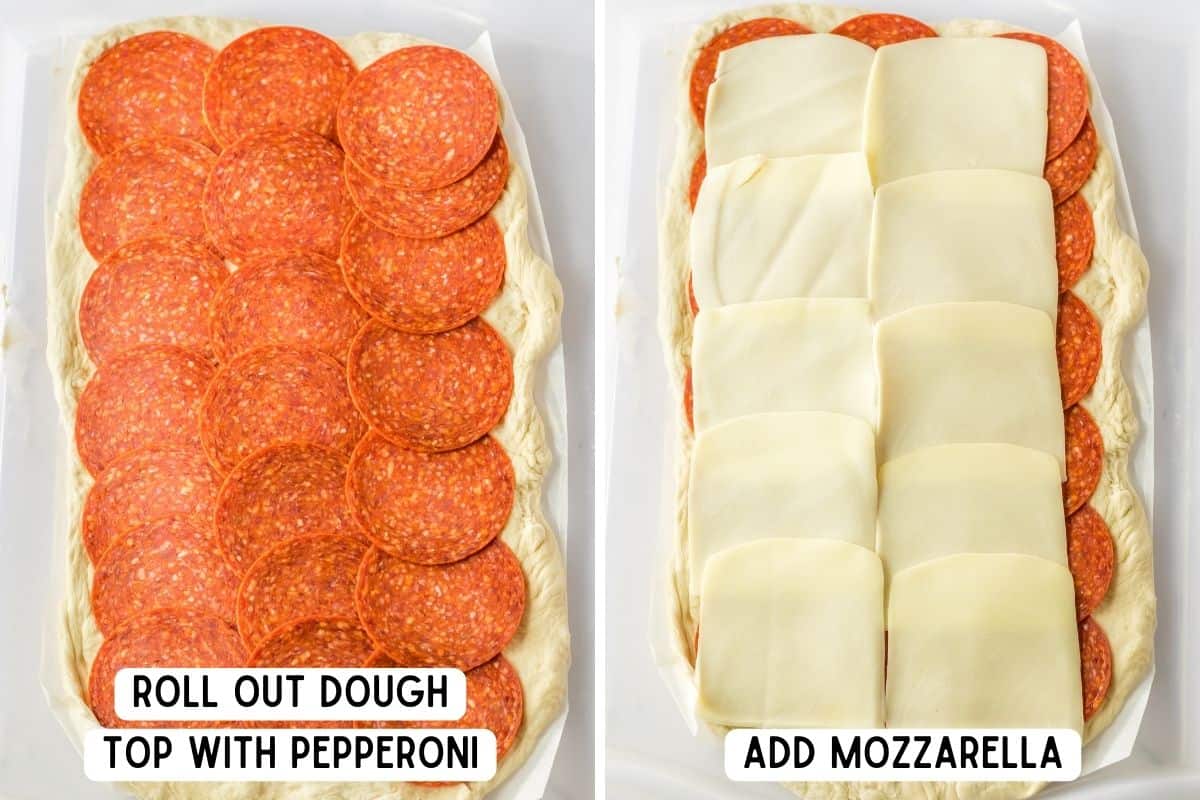 Two image collage of dough rolled into a large rectangle and topped with a layer of pepperoni and a layer of mozzarella cheese.