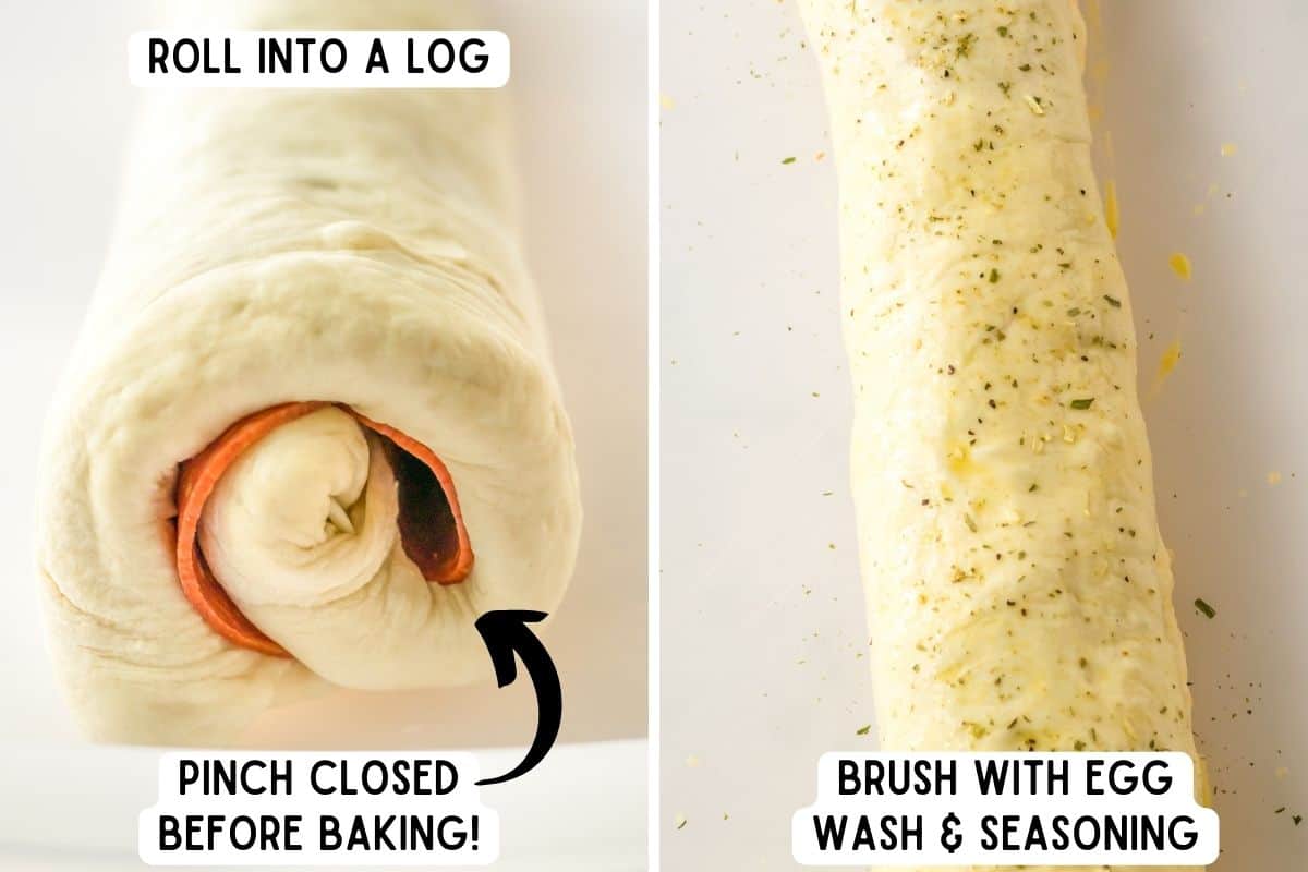 Two image collage of dough rolled up into a log and then brushed with egg wash and seasonings.
