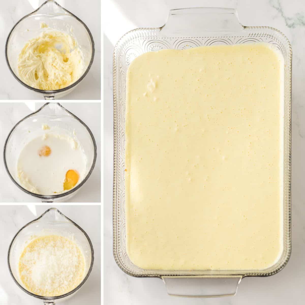 Steps to make cheesecake layer: ingredients combined in mixing bowl then poured into casserole dish.