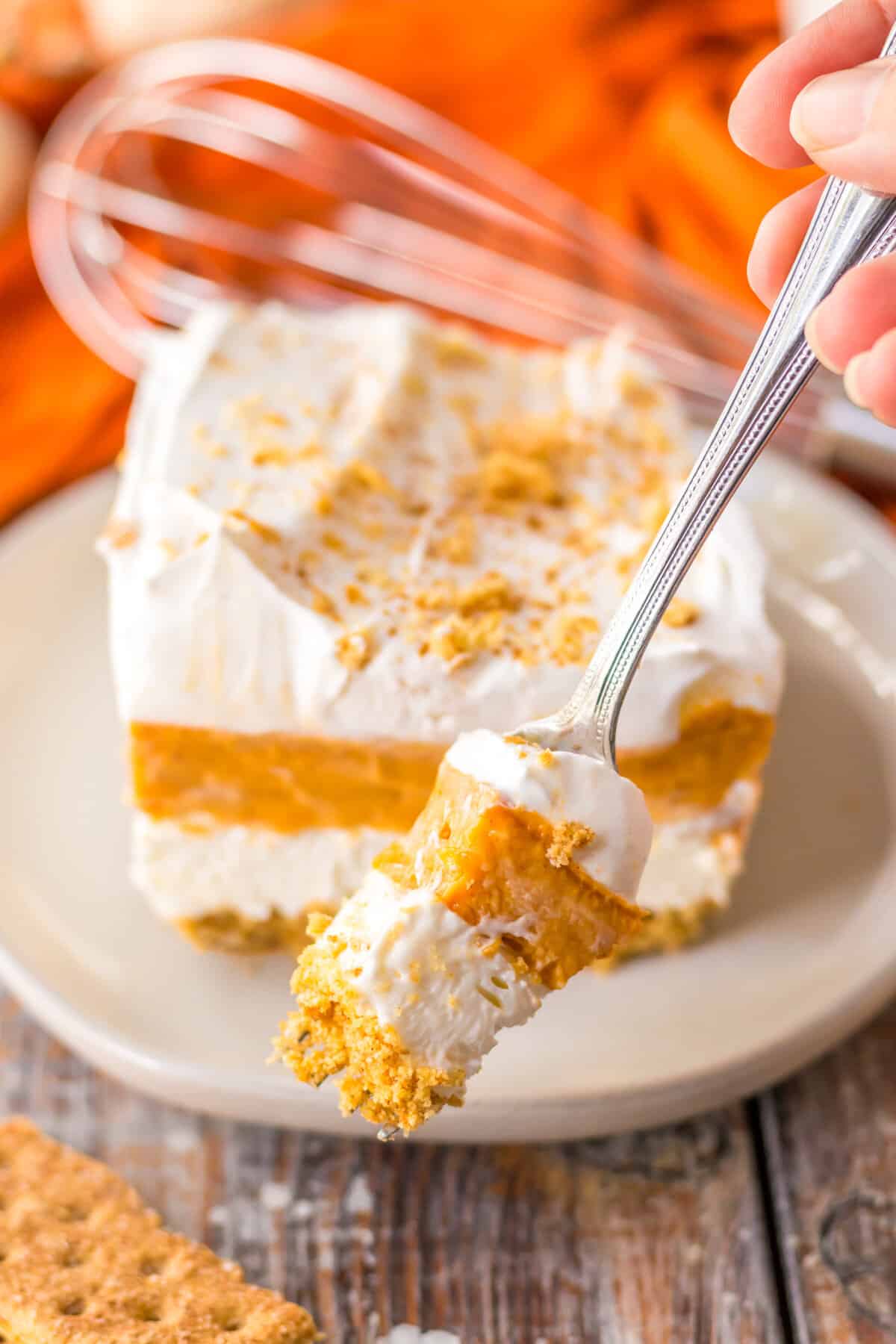 Fork-full of pumpkin delight with 4 distinct layers. 