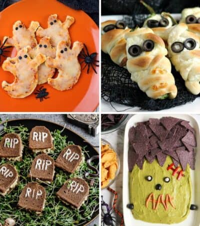 Halloween finger food recipes: mini ghost pizzas, ghost jalapeno poppers, tombstone sandwiches, and frankenstein guacamole.