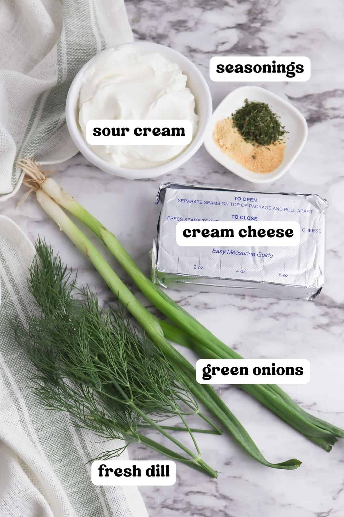 Cream cheese, sour cream, green onions, fresh dill weed, dried parsley, onion powder, garlic powder and salt.