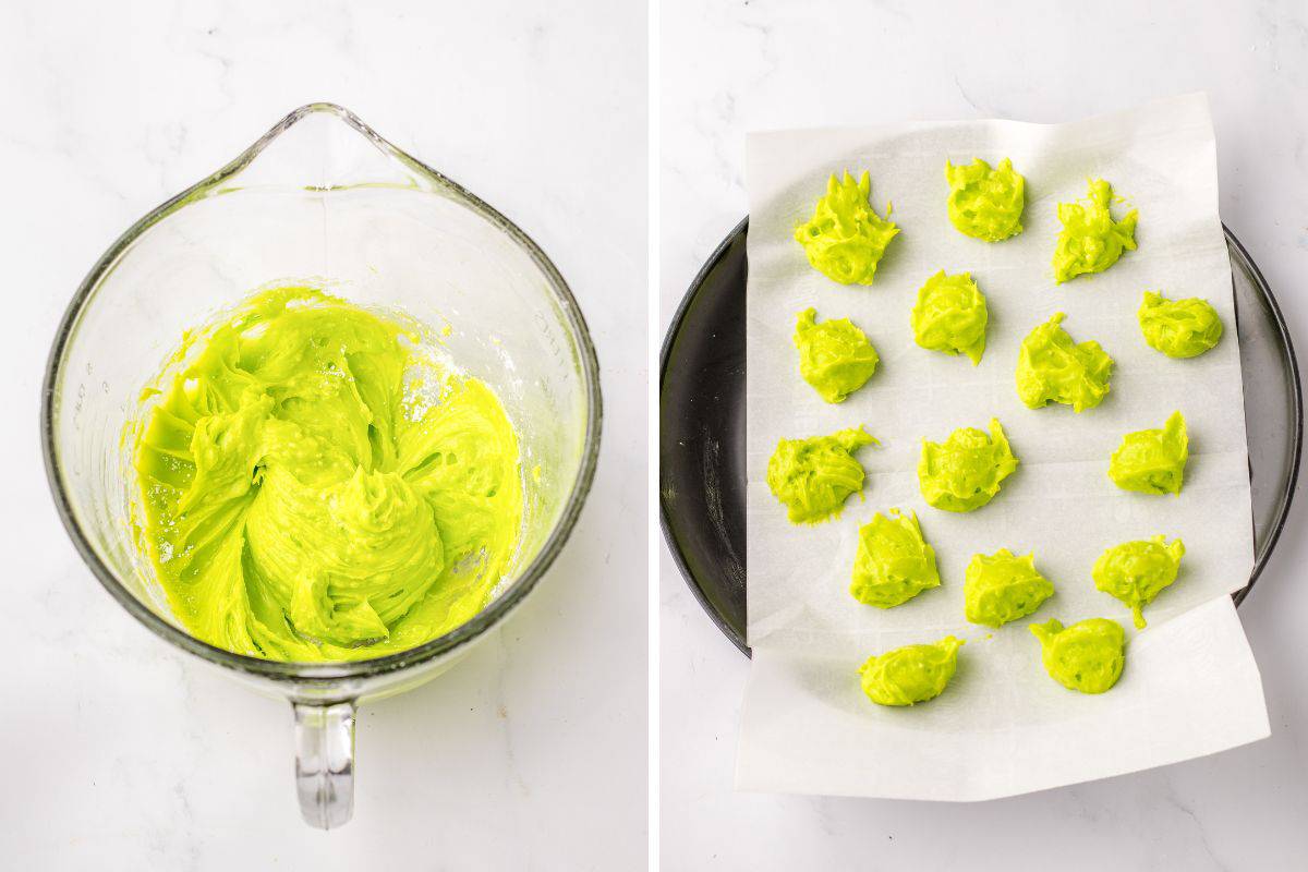 Two image collage of green cheesecake filling in bowl and then the filling rolled into balls on a parchment-lined plate.