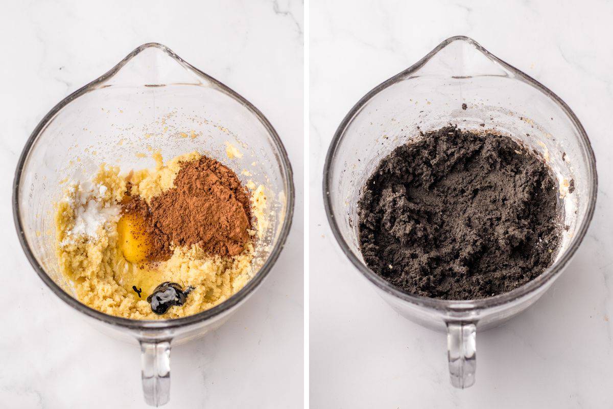 Two image collage of cookie dough ingredients before and after mixing together in a glass mixing bowl.