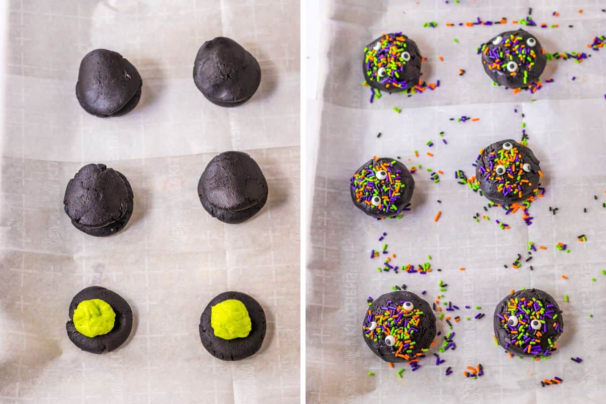 Two image collage of cookies being assembled and cookies topped with sprinkles on parchment lined baking sheet.