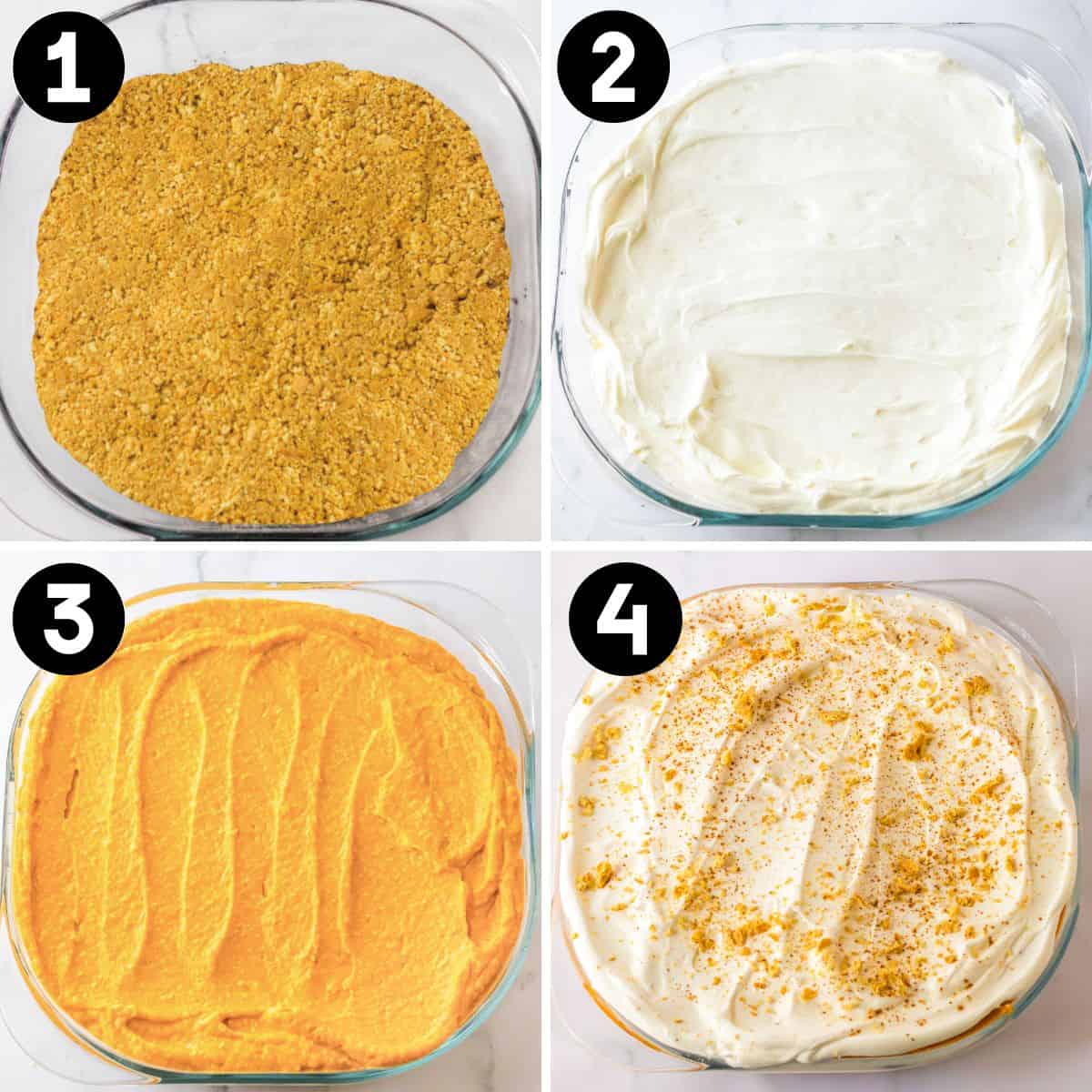 Four image collage of layers of the pumpkin dessert: First, graham cracker crust. Second: sweetened cream cheese. Third: pumpkin filling. Fourth: Whipped topping topped with crushed graham crackers.