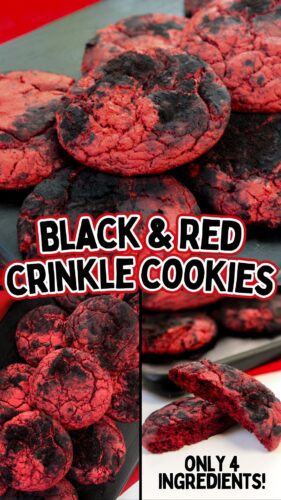 Pinterest collage pin. Reads: Black and red crinkle cookies - only 4 ingredients.
