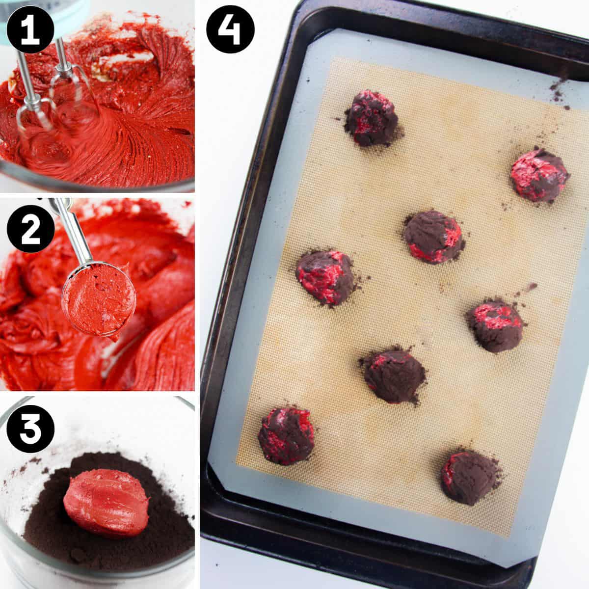 4 image collage of red cookie dough being mixed with electric beaters, cookie dough scoop portioning the dough, the dough being rolled in cocoa powder, and the cookie dough balls on a baking sheet.