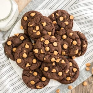 Chocolate peanut butter chip cookies on plate.