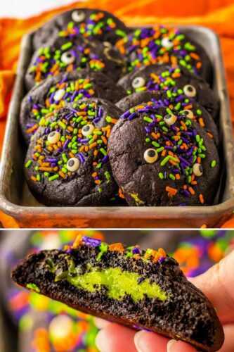 Black velvet Halloween cookies with festive sprinkles and a green slime center.