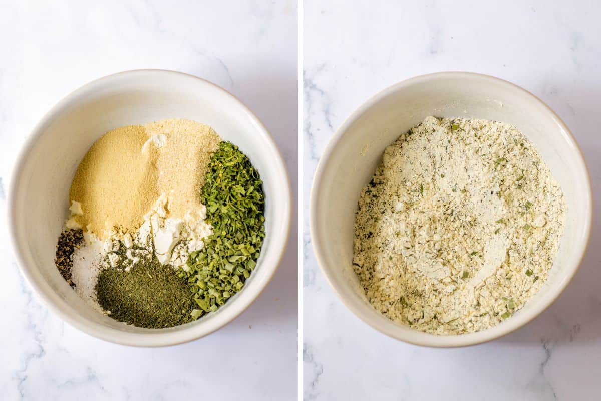 Two image collage of a small bowl with dry ranch mix ingredients in it before and after being mixed and combined.