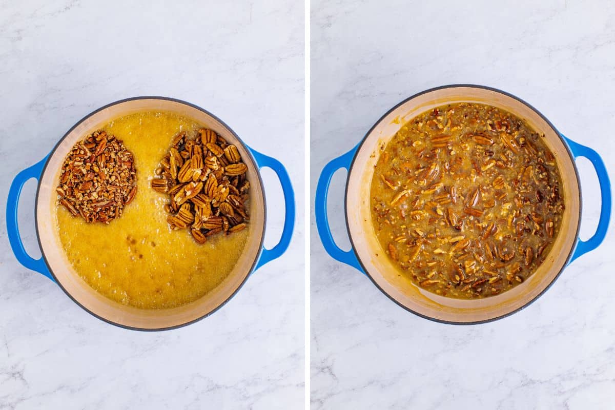 Two image collage of pecans and vanilla added to dutch oven and then after they have been stirred in to the mixture.