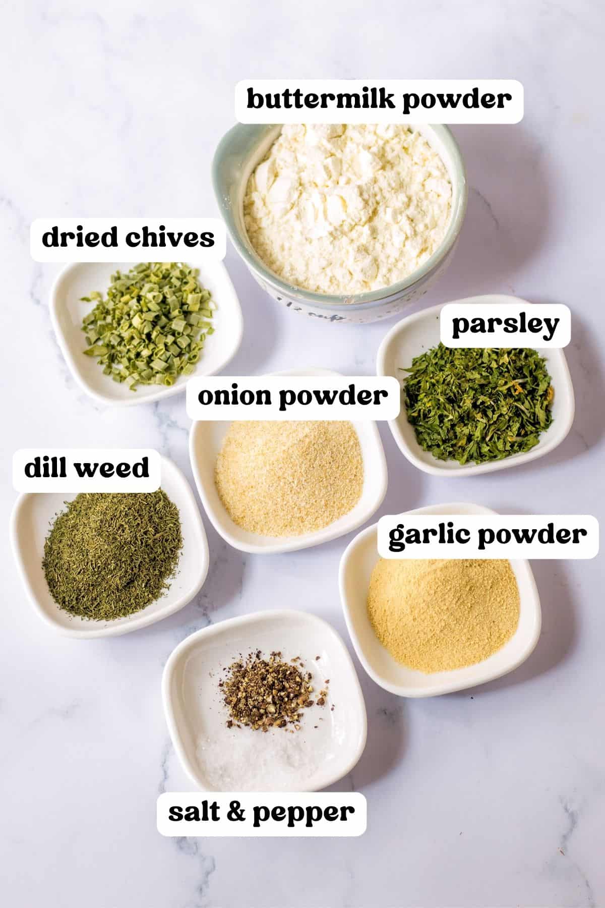 Ingredients in Ranch Seasoning mix: buttermilk powder, dried herbs and spices.