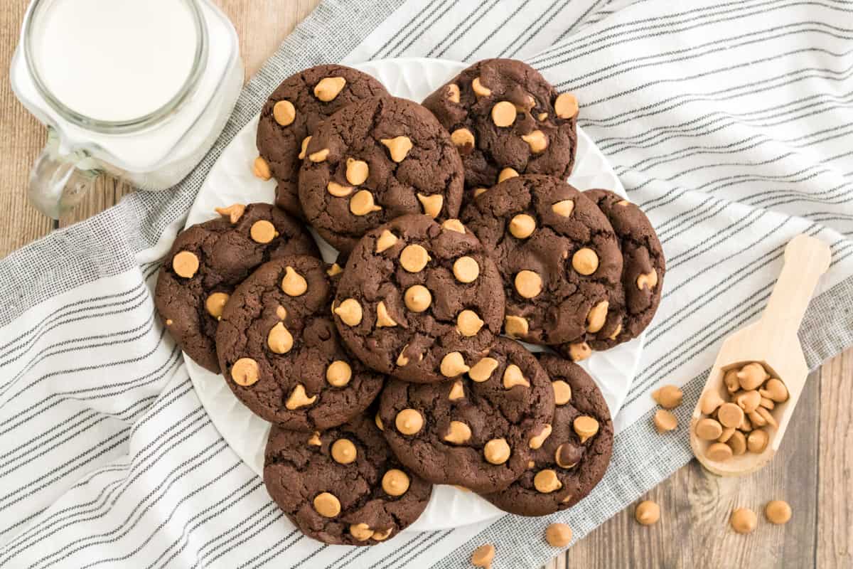 Plate of Chocolate Peanut Butter Chip Cookies with a scoop of peanut butter morsels and glass of milk.