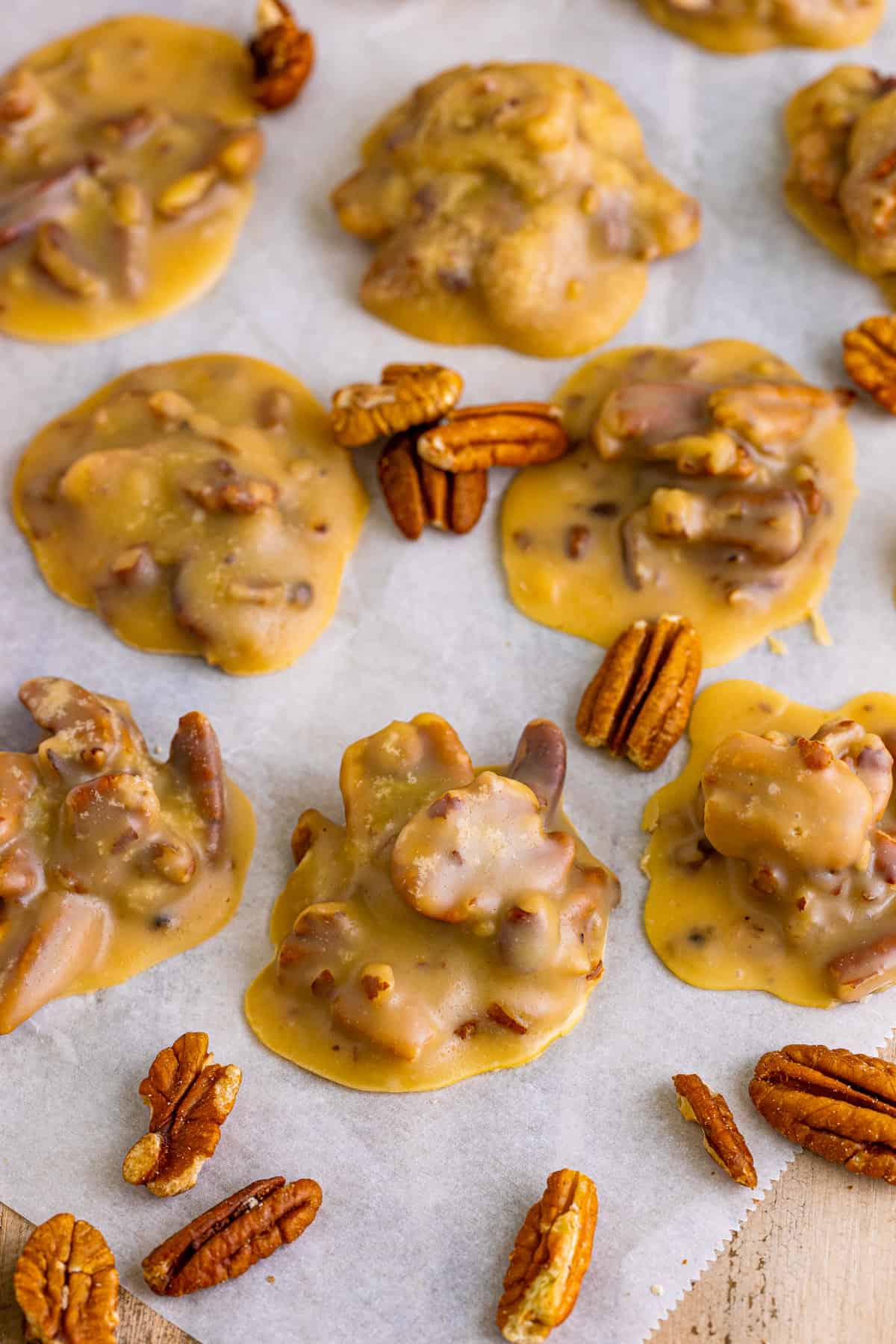 Southern pralines and pecans on parchment paper.