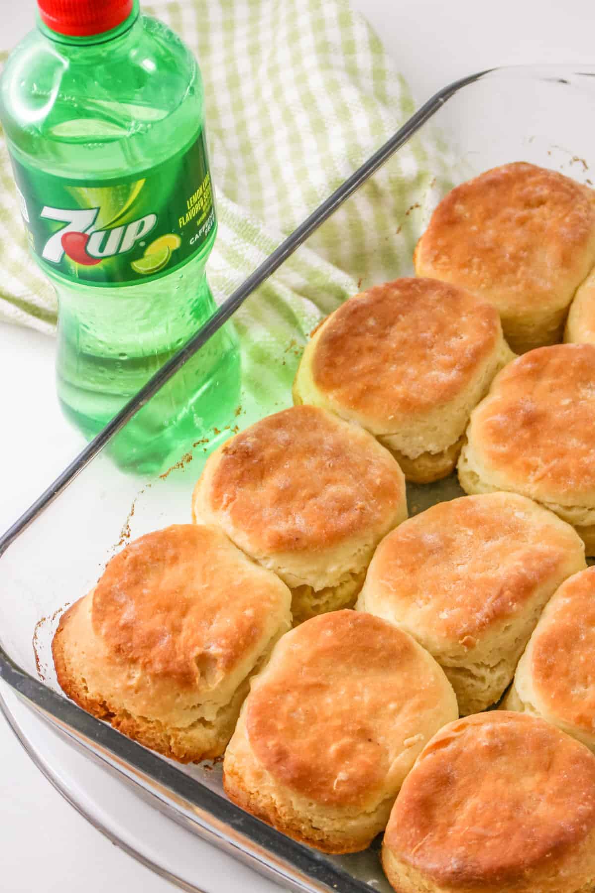 Bisquick biscuits with 7 up beside the baking dish.